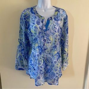 Grand & Greene Blue, Yellow & White Sheer V Neck Tunic Size L Large Long Sleeve